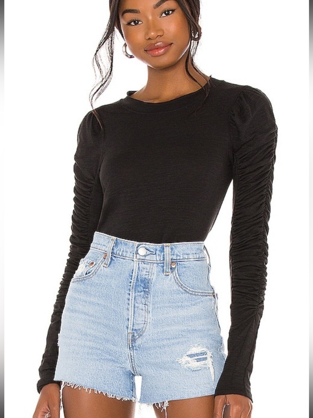 We the Free Free People | Natasha Black Ruched Sleeve Tee REVOLVE, Size XS
